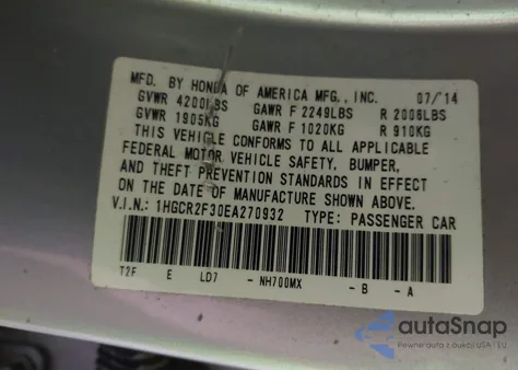 2014 Honda Accord Lx из США, поврежденный, VIN 1HGCR2F30EA270932